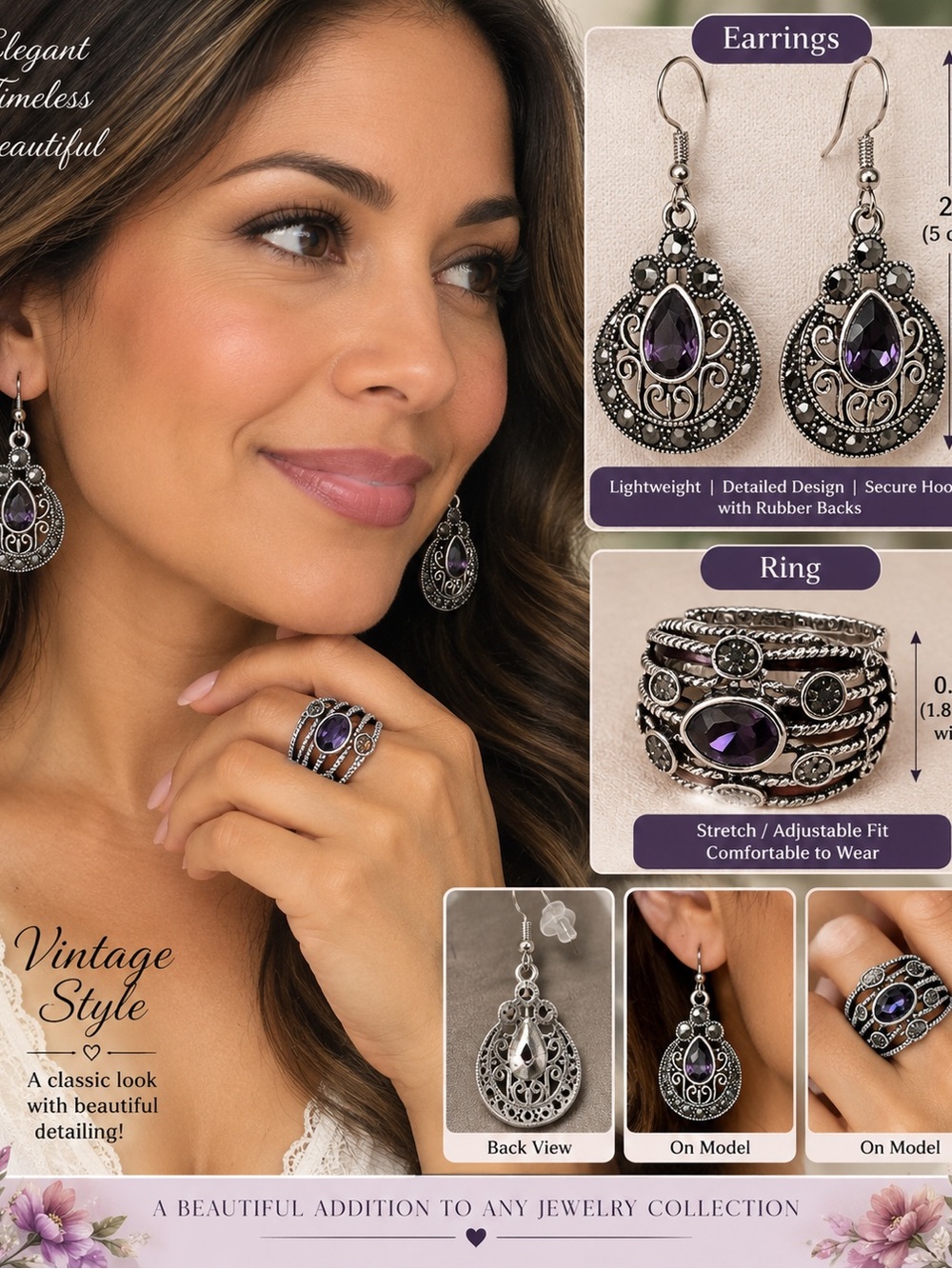 Vintage-Style Purple Teardrop Ring & Earrings Set - Women Jewelry